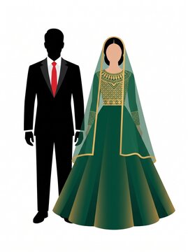 Silhouette groom standing beside beautiful bride wearing elegant green traditional lehenga with intricate golden embroidery on a white background illustration