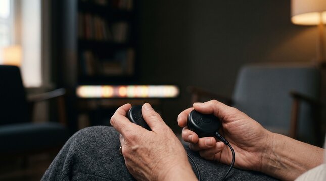 Close up of patient hands holding black tactile EMDR buzzers during therapy