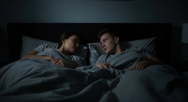 A dramatic vector illustration of a young couple lying in bed at night, engaged in a serious late-night conversation under dim lighting, evoking emotional tension and intimacy.
