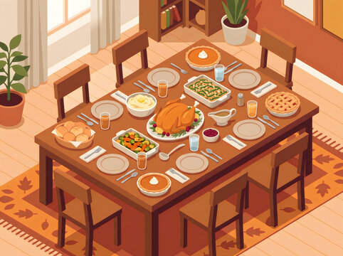 Thanksgiving potluck table various dishes top-down isometric illustration