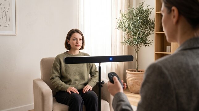 Therapist holding remote control to operate EMDR light bar for female patient