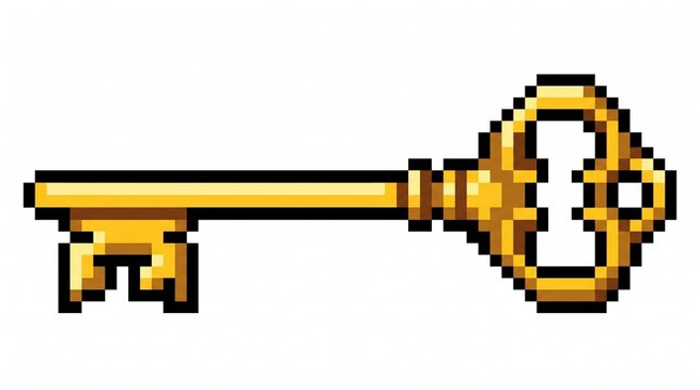 8-bit pixel art of a classic golden key RPG game asset isolated on white.