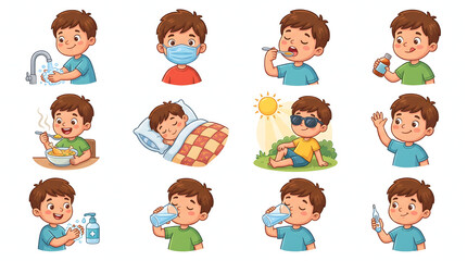 Fototapeta premium Little boy demonstrating various healthy habits and daily hygiene routine for children