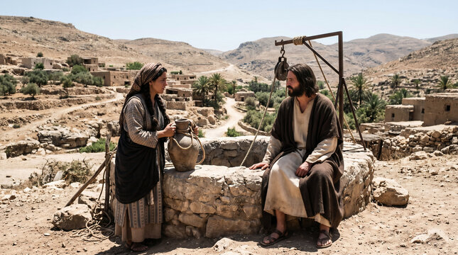 The Samaritan woman at the well of Sychar, drawing water and speaking with Jesus in the heat of the day