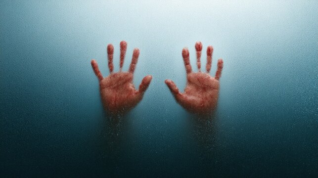 Two red-stained hands pressed against a frosted glass surface, creating a mysterious and eerie visual effect.