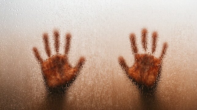 Two hands pressed against a foggy glass surface with water droplets, creating a mysterious and eerie effect.