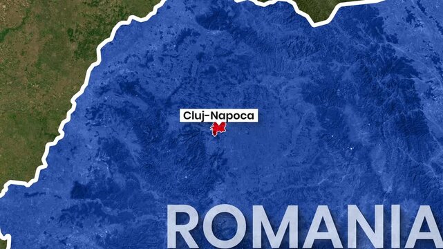 Animated map clip shows Cluj-Napoca location within Romania in motion