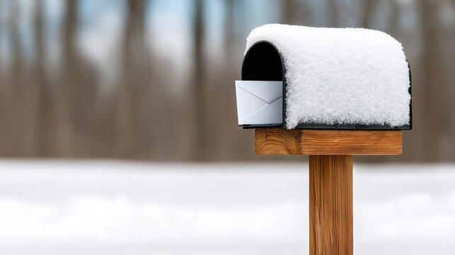 A snow-covered mailbox with a letter inside stands on a wooden post in a blurred winter background.