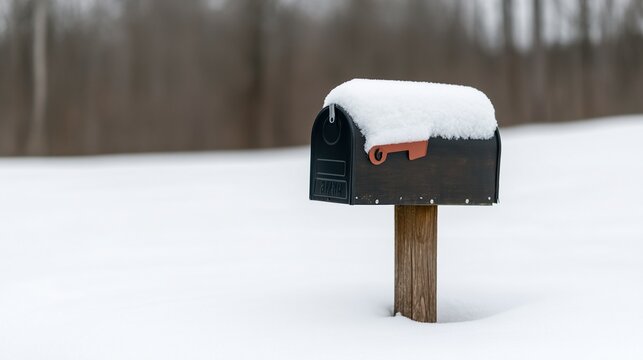 A black mailbox covered with snow stands on a wooden post in a snowy winter landscape with blurred trees in the background.