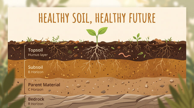 Educational cross section diagram illustrating soil horizons with growing plant seedlings with including topsoil subsoil diagram showing distinct subsoil parent material