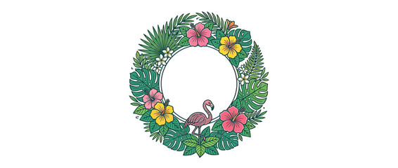 Tropical Wreath with Flamingo and Flowers Isolated © siti