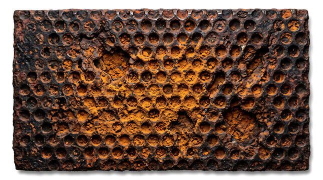 Boiler plate fragment with rusted perforated surface and weathered metal texture