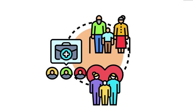Ancestral community concept featuring an older couple with a child, family group, and a briefcase with a cross, symbolizing tradition, health, and social support across generations