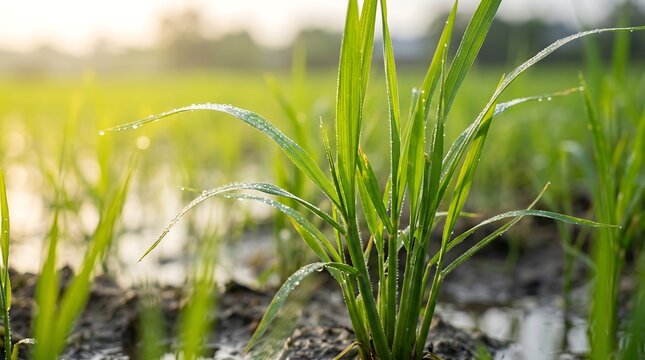 Young green rice plants growing in a flooded paddy field with water droplets on leaves during the early morning light