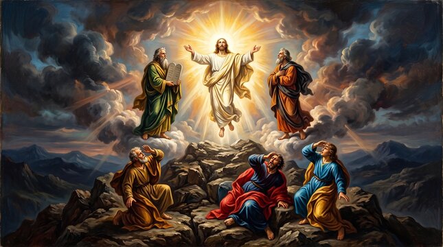 The Transfiguration of Jesus Christ on Mount Tabor Divine Glory Light Heavenly Revelation Moses and Elijah Disciples Sacred Biblical Christian Oil Painting