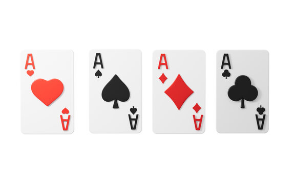 Set of four aces playing cards suits. Set of hearts, spades, clubs and diamonds ace. 3d rendering.