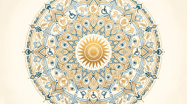 Inclusive mandala pattern featuring diverse symbolic icons arranged in a symmetrical circular golden design with icons representing accessibility pattern incorporating