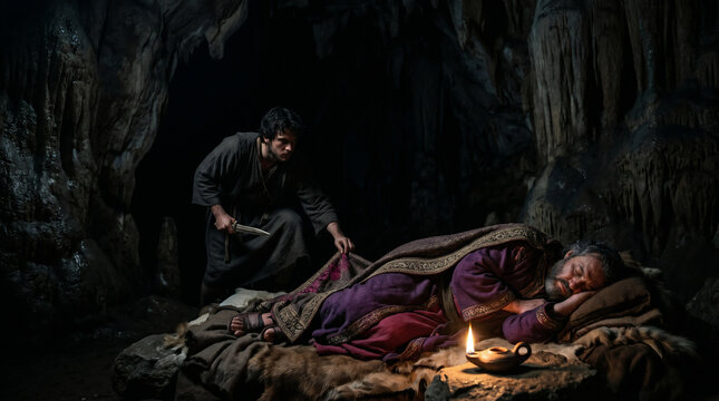 David sparing King Saul's life in the dark cave of En Gedi, secretly cutting off a corner of Saul's royal robe