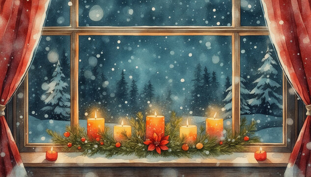 Beautiful winter window painting with a burning candle and soft falling snow.