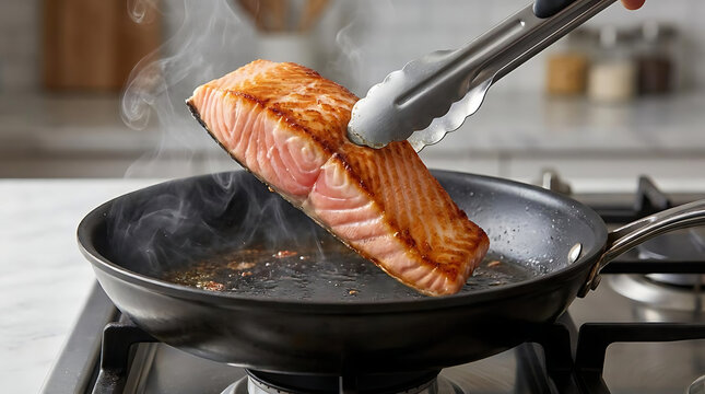 A perfectly grilled salmon fillet is being flipped in a frying pan with steam wafting up in a contemporary kitchen environment