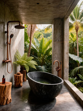 Stone Bathtub in Zen Bathroom with Vertical Garden