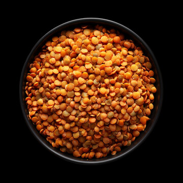 A bowl of lentils isolated on black background with clipping path, presenting a concept of nutrition and healthy eating