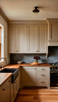 Kitchen Interior with Marble Countertops and Open Shelving