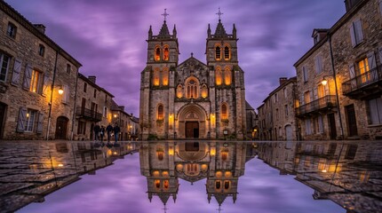 Naklejka premium Historic Gothic Cathedral Architecture Reflected in Water Puddle at Sunset Purple Evening Sky Old European Landmark Plaza Travel Tourism Photography Heritage