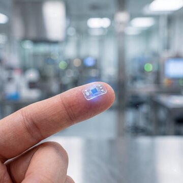 Close up of a small glowing transparent microchip on a human fingertip in a modern laboratory, advanced semiconductor technology and futuristic medical implant concept