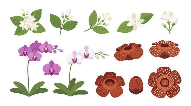 Indonesian national flower collection featuring jasmine moon orchid and rafflesia arnoldii