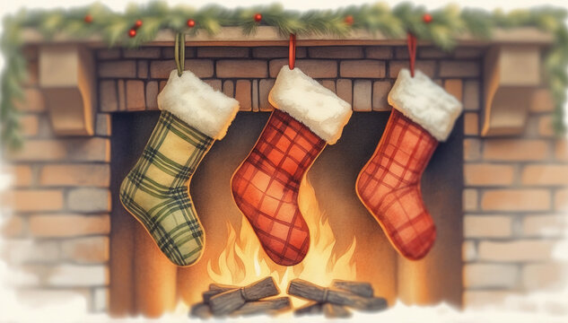 Christmas stockings hanging in a row by the fireplace illustration. Festive Santa socks on a cozy hearth with warm holiday decorations.