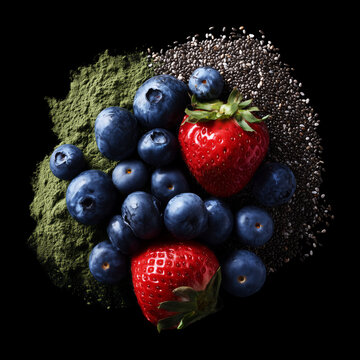 Strawberries, blueberries with chia seeds and matcha powders on black background with clipping path, concept of healthy nutrition