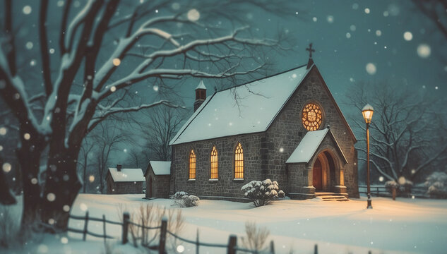 Magical night scene of an old country church amidst frozen evergreen trees and falling snow.