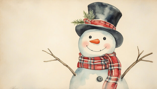 Vintage watercolor illustration of a cute snowman wearing a black top hat and red scarf.