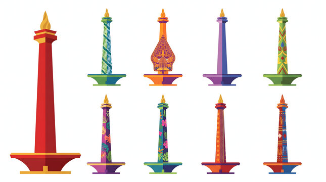 Set of Monas National Monument illustrations with diverse Indonesian cultural patterns and colors