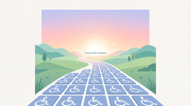 Inclusive path paved with accessibility symbols leading toward a bright golden sunrise over rolling hills with accessibility tiles stretching composed blue accessibility