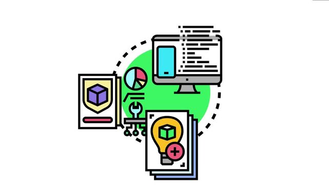 Icon concept the workflow for developing, designing, and testing applications, covering stages from initial ideas to coding and deployment on mobile platforms