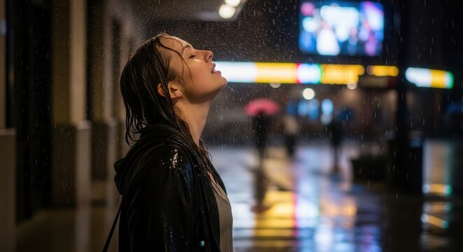 A stunning image of a woman standing in the rain at night, looking upward with an emotional expression, surrounded by vibrant neon lights and city glow, evoking,