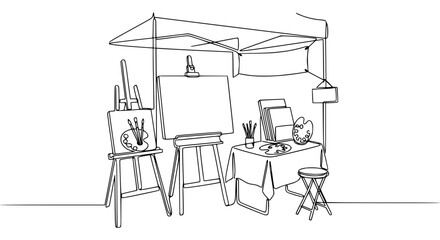 Fototapeta premium Artist's outdoor booth with easels, canvases, and art supplies, line drawing