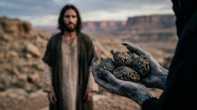 Jesus being tempted in the wilderness. Satan appearing as a shadowy figure, offering stones to be turned into bread