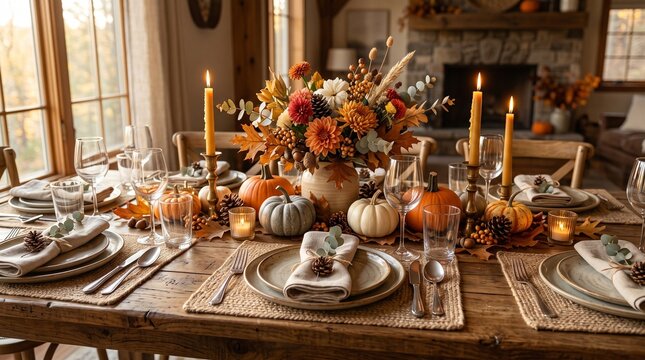 Rustic Thanksgiving table setting with autumn floral centerpiece, pumpkins and candles. Cozy fall dinner decor in a farmhouse interior.