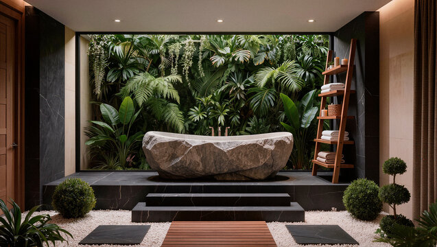 Stone Bathtub in Zen Bathroom with Vertical Garden