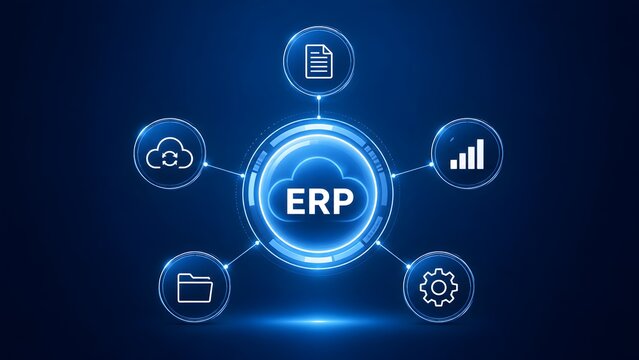 Enterprise resource planning ERP software system digital dashboard with glowing business process management icons