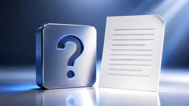 Frequently asked questions FAQ and legal document clarification beside glowing question mark and blank contract paper