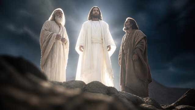 Transfiguration of Jesus on Mount Tabor with Moses and Elijah. Radiant biblical scene symbolizing divine glory, Christian faith, scripture, and spiritual revelation.