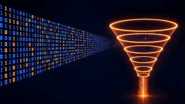 Big data analytics filtering process compressing digital binary code stream into glowing optimization funnel