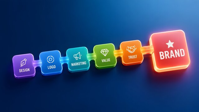 Brand identity development process timeline connecting glowing blocks for design logo marketing value and trust to final brand target