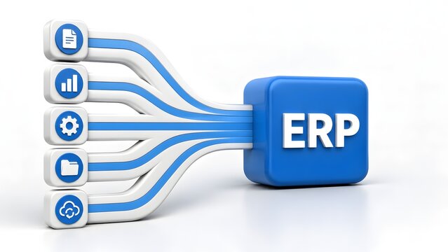 Enterprise resource planning ERP software system and data integration with blue lines connecting business workflow icons to central database block