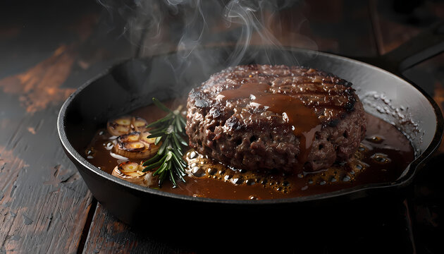 Sizzling Gourmet Hamburger Steak in Hot Iron Skillet with Steam for Restaurant Menu