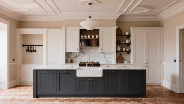 Elegant Kitchen Interior with Dark Grey Island and Herringbone Flooring